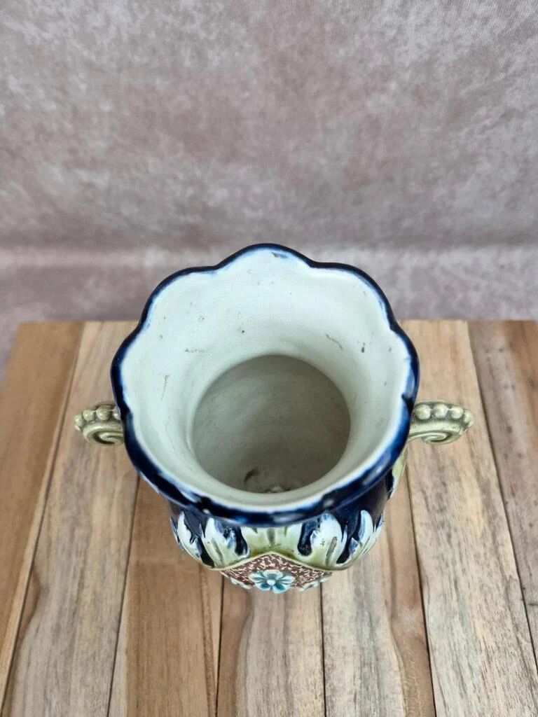 Gustave De Bruyne barbotine vase Fives Lille with an old floral decoration and stylised handles.