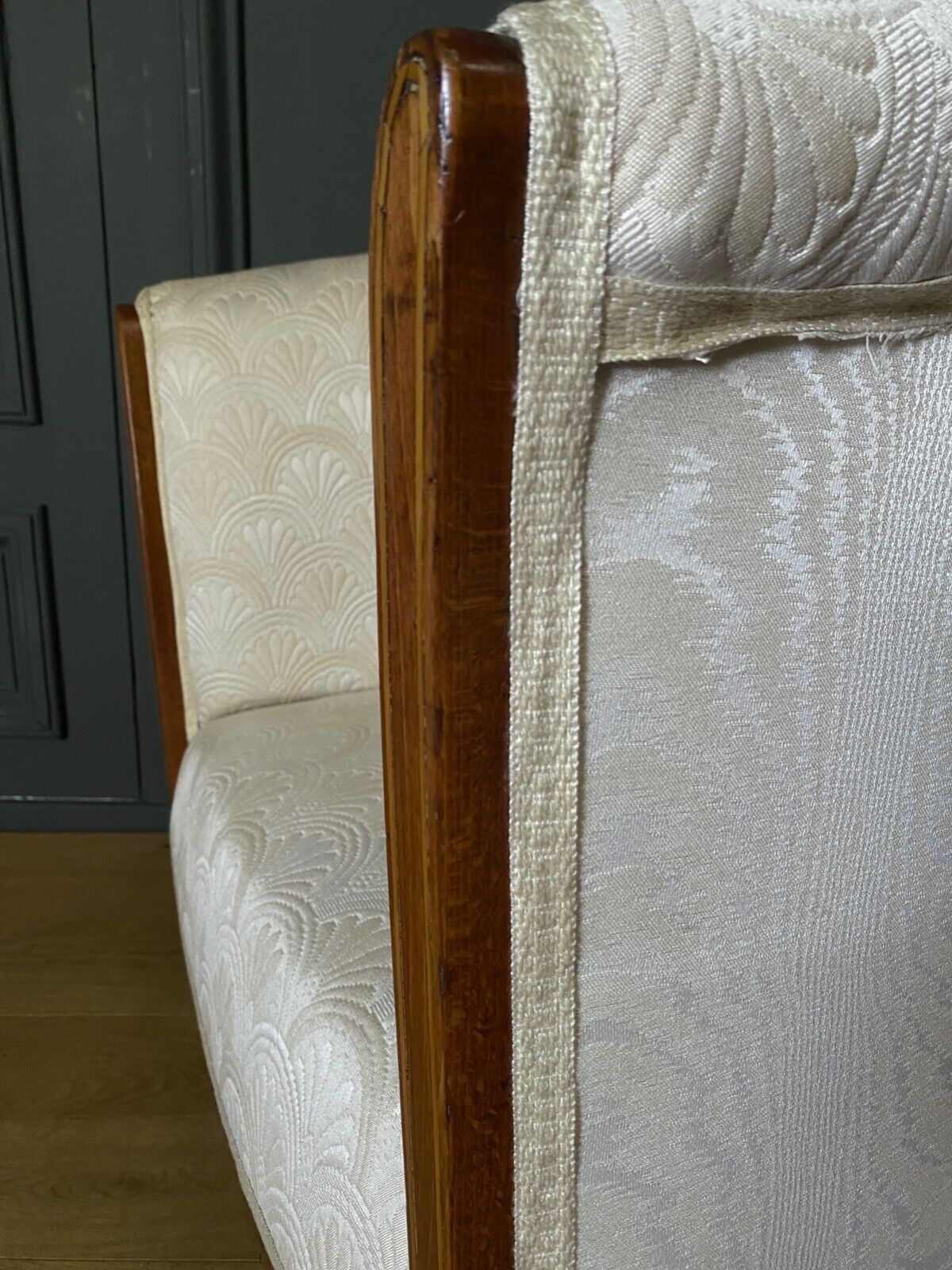 Armchair art deco 1930 marquetry fabric white cream foliage decoration
