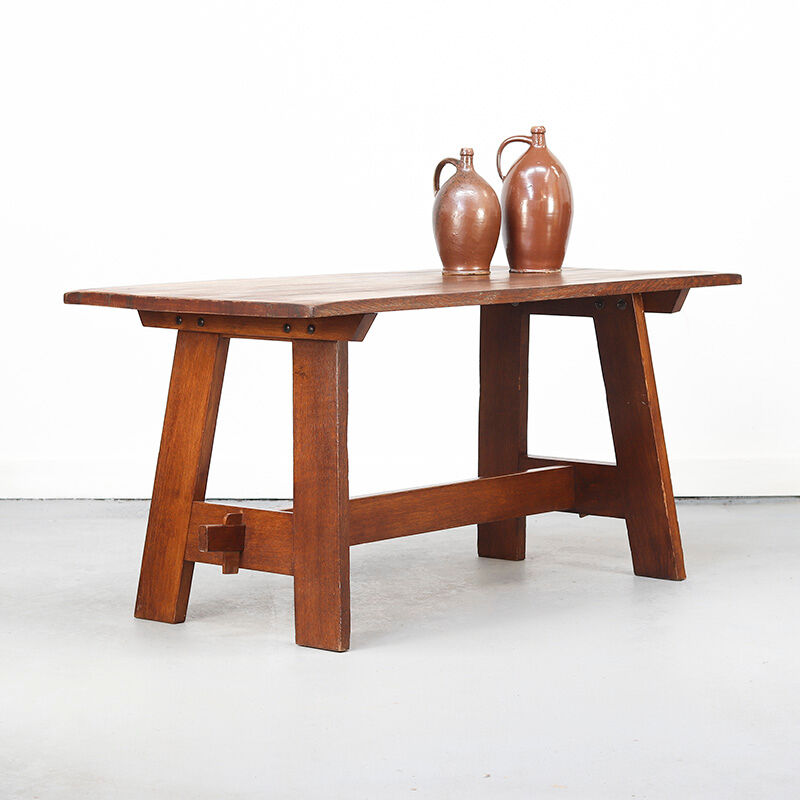 Vintage Rustic Brutalist Dining Table from Oak
