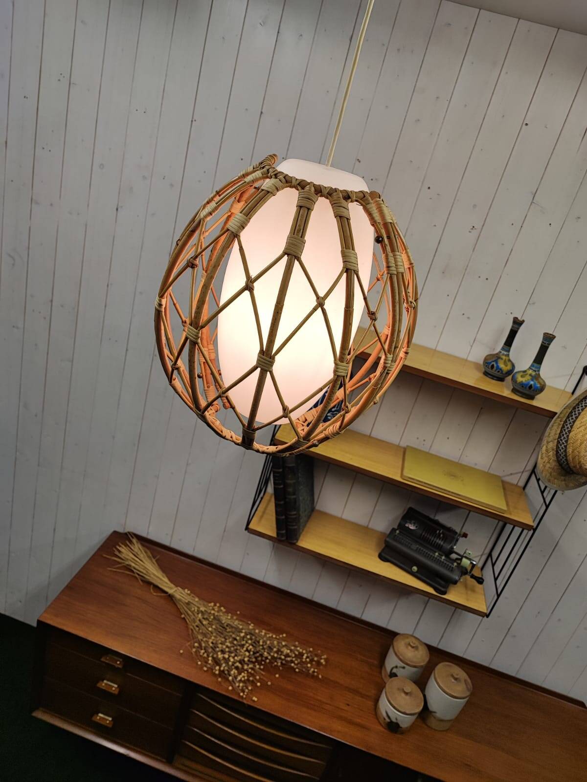 Vintage rattan and opaline pendant light