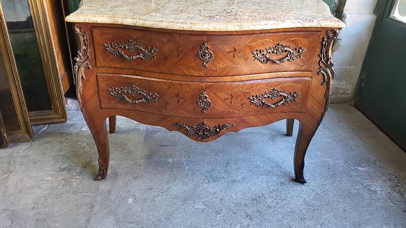 ROSEWOOD COMMODE WITH 2 DRAWERS AND OCHRE MARBLE TOP