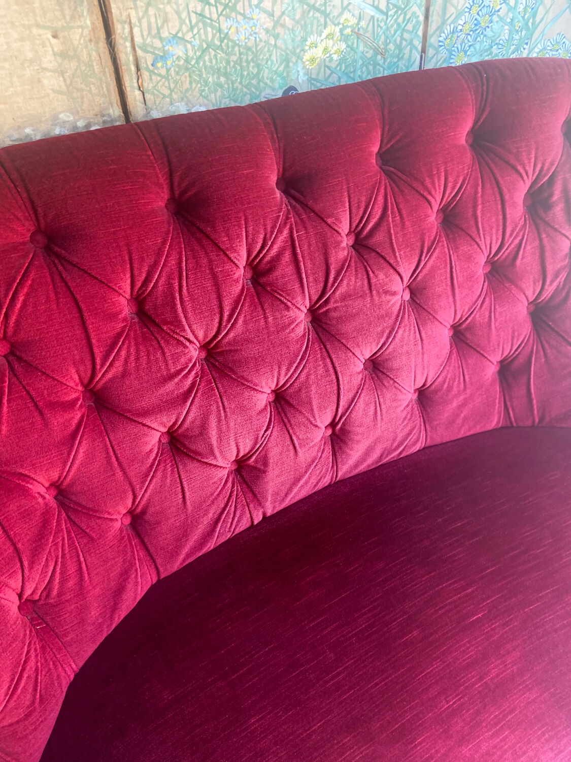 Small old Napoleon III toad sofa in red velvet