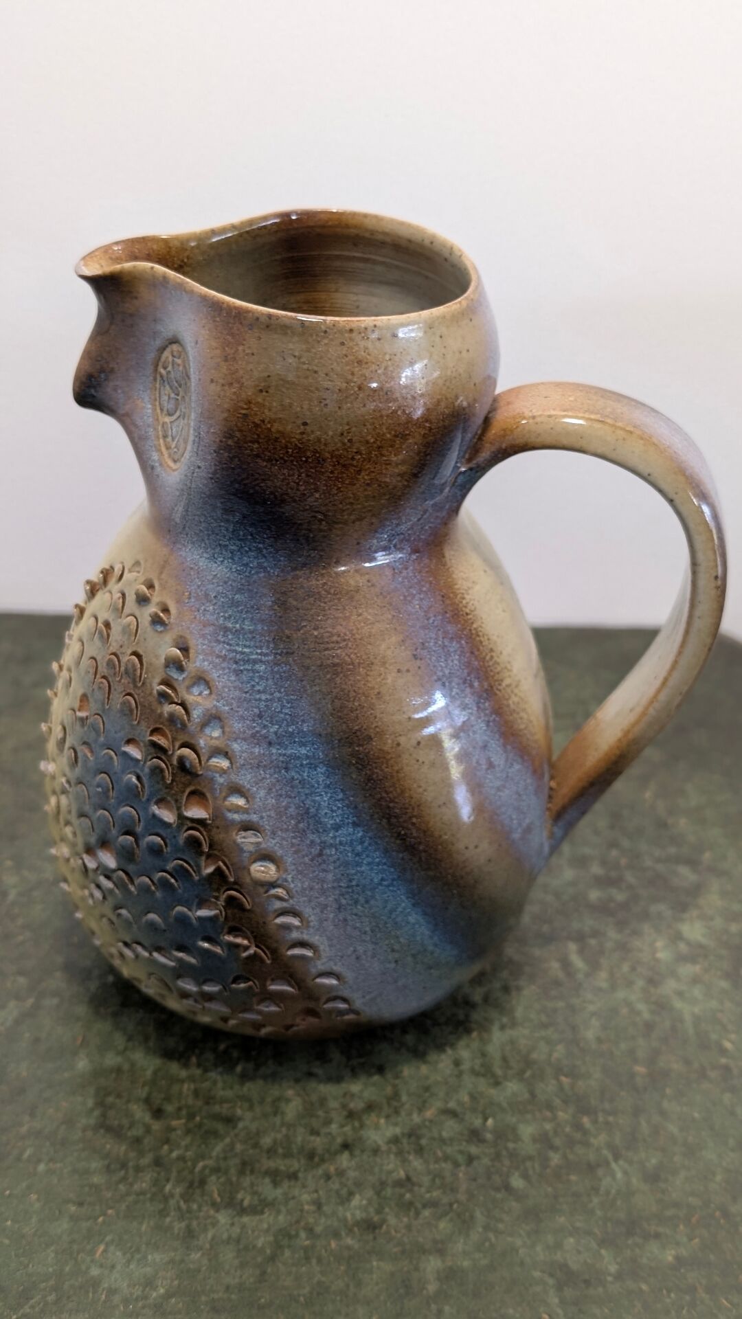 Glazed stoneware pitcher signed JM – Jean-Marie Delahaye – Relief decoration