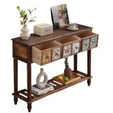 American Solid Wood Console Table with Retro Pattern, Vintage Hallway Table with Drawers and Shelf,