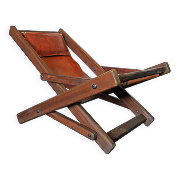 Chaise longue en cuir brutaliste, années 50/60