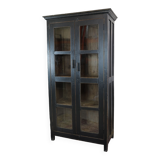 Black Indian showcase with 2 glass doors of 8 tiles and 3 interior shelves in raw wood