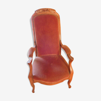 Fauteuil Voltaire merisier en velours bordeaux