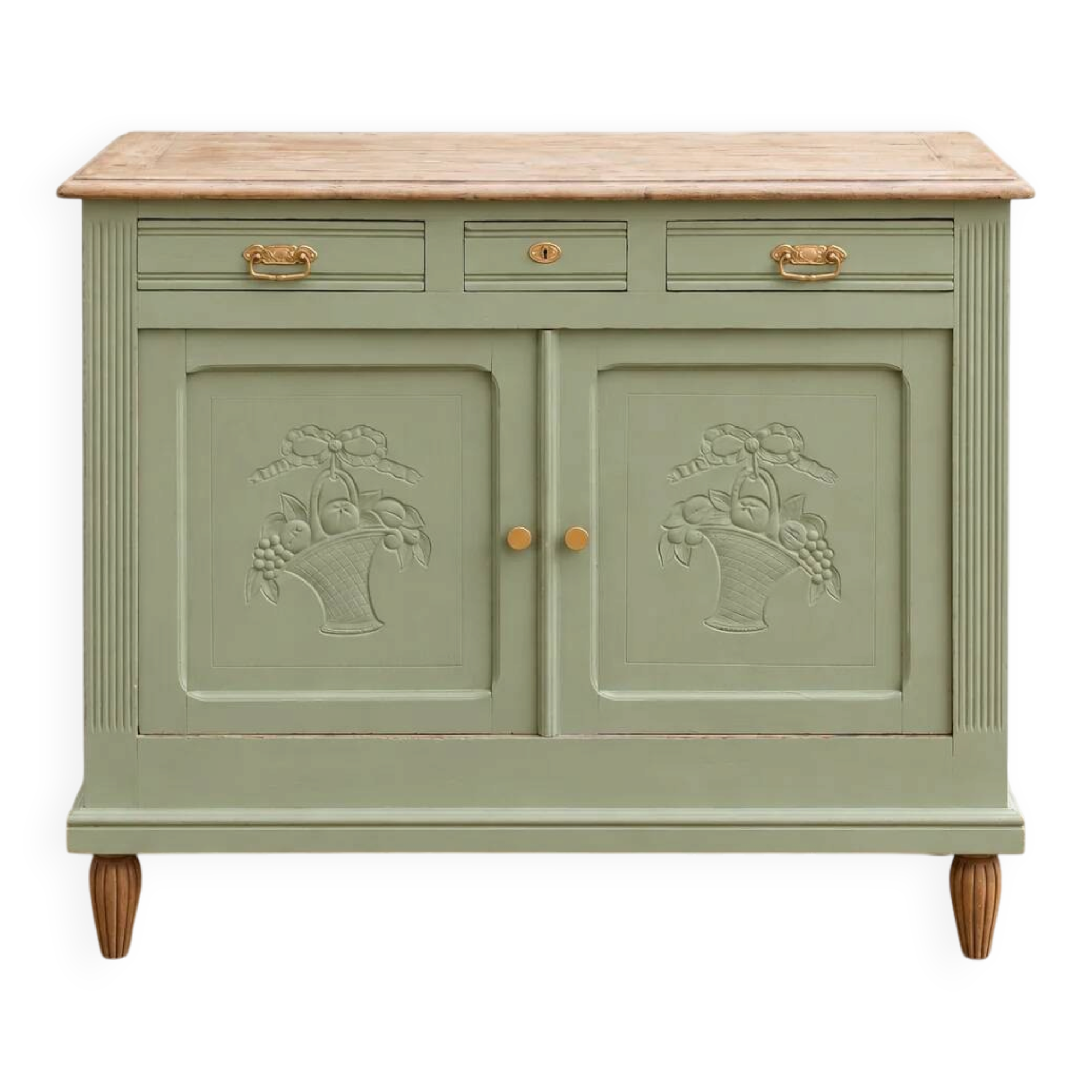 Antique art deco buffet in solid oak – pure lizard green & paint and natural wood – 121 cm
