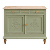 Buffet ancien style art déco en chêne massif – vert lézard pure & paint et bois naturel – 121 cm