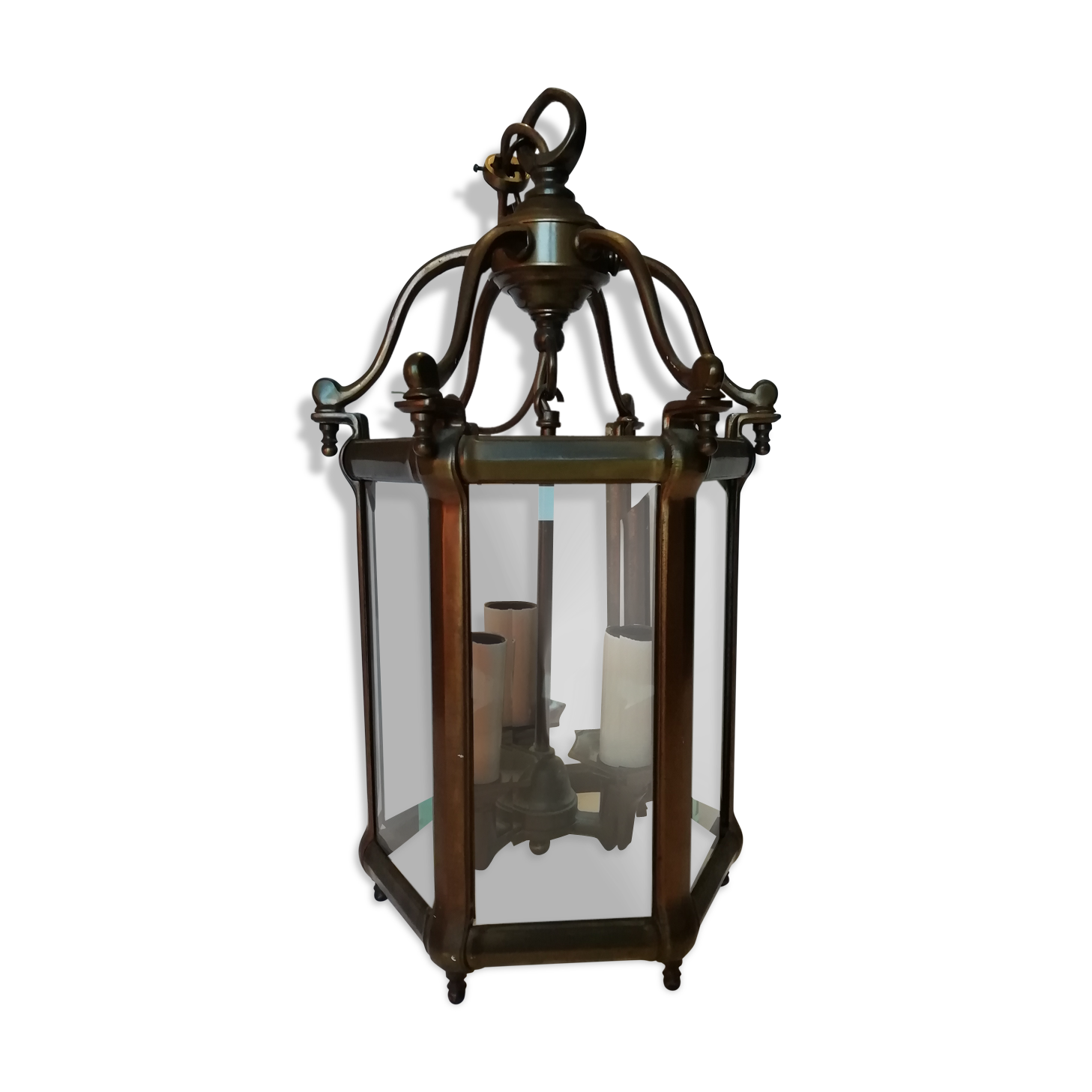 Lanterne hexagonale à 3 lumières en bronze et verres biseautés.  XIXéme