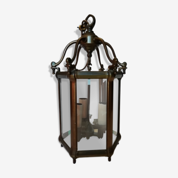 3-light bronze hexagonal lantern and bevelled glasses.  19th century