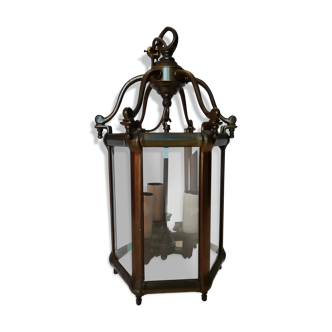 Lanterne hexagonale à 3 lumières en bronze et verres biseautés.  XIXéme