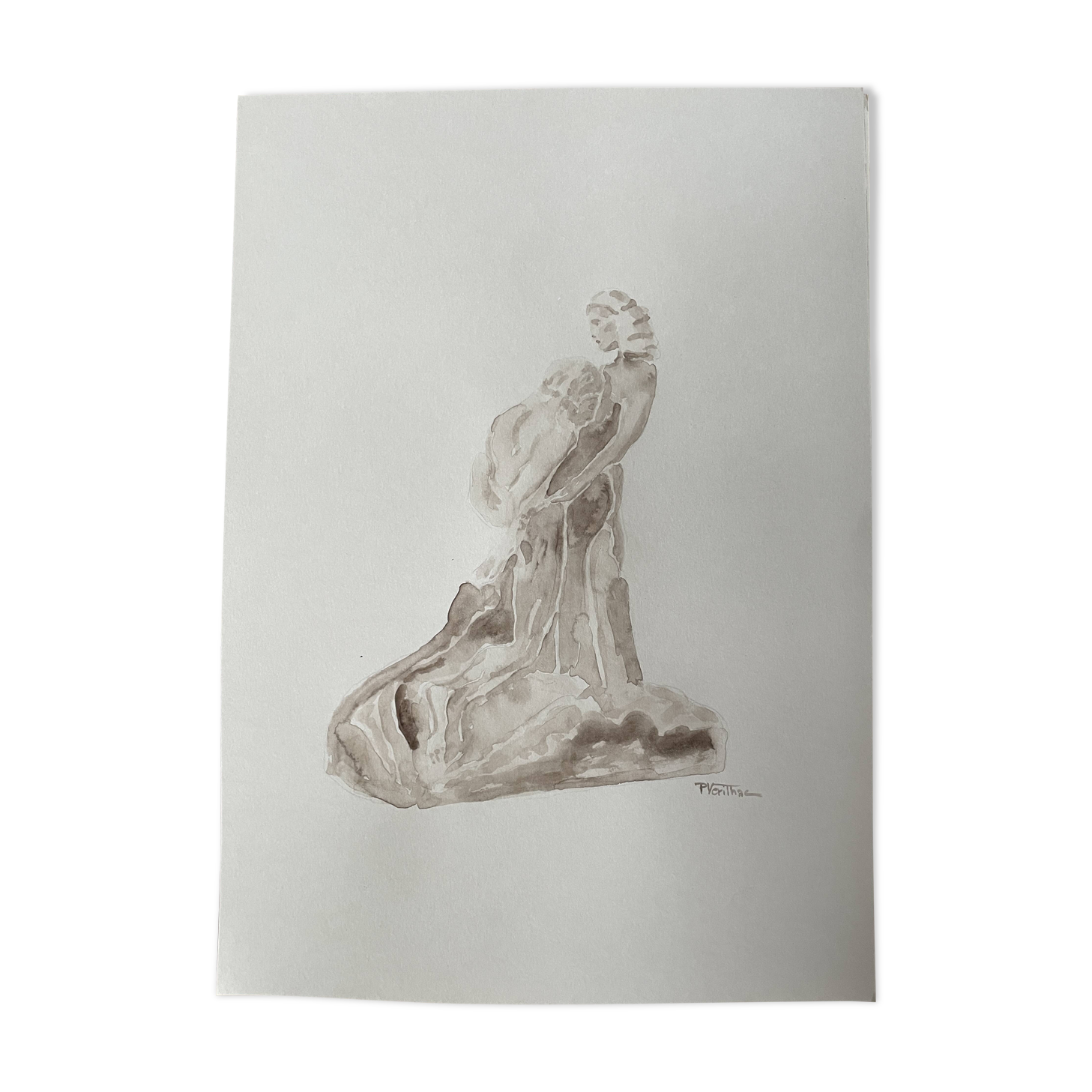 Painting signed sepia monochrome watercolor study of the statue “the eternal idol of Rodin”
