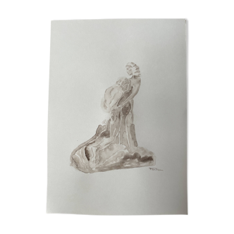 Painting signed sepia monochrome watercolor study of the statue “the eternal idol of Rodin”