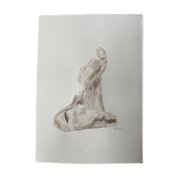 Painting signed sepia monochrome watercolor study of the statue “the eternal idol of Rodin”