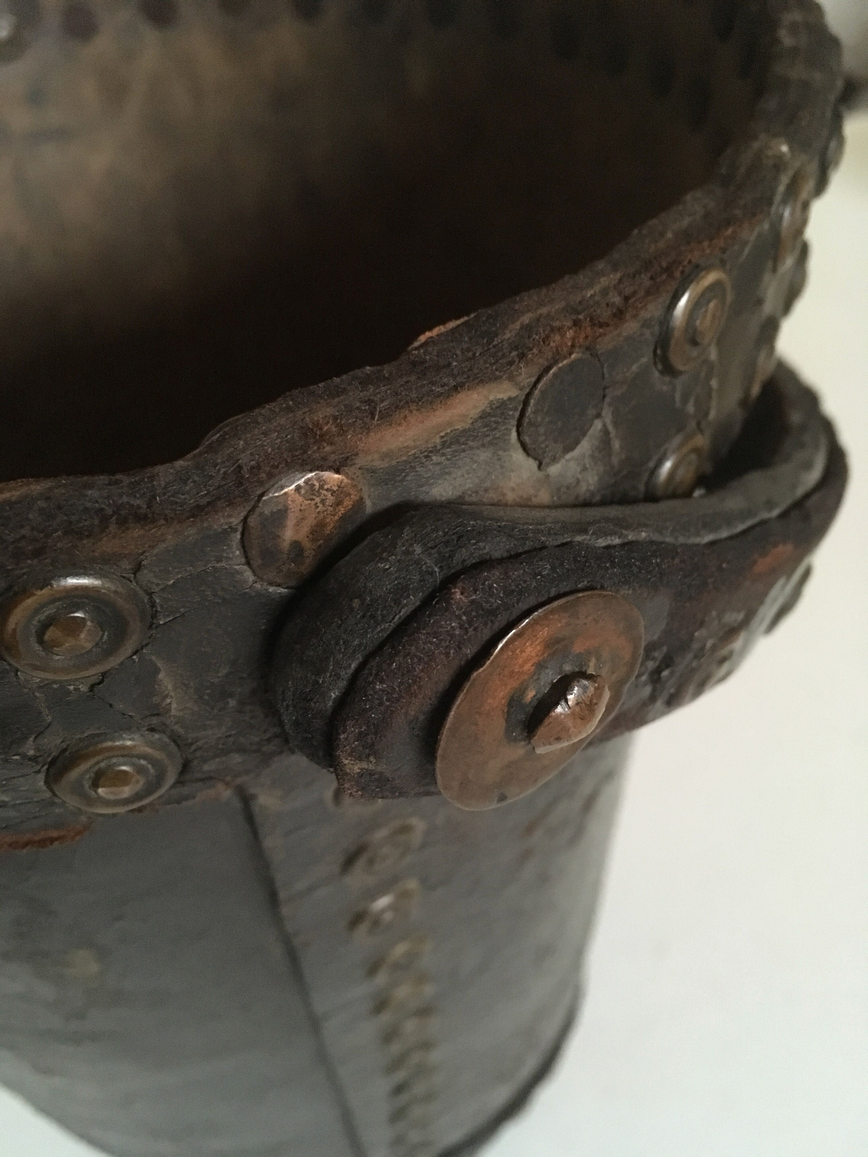 Brutalist studded leather wastepaper basket bucket 1920