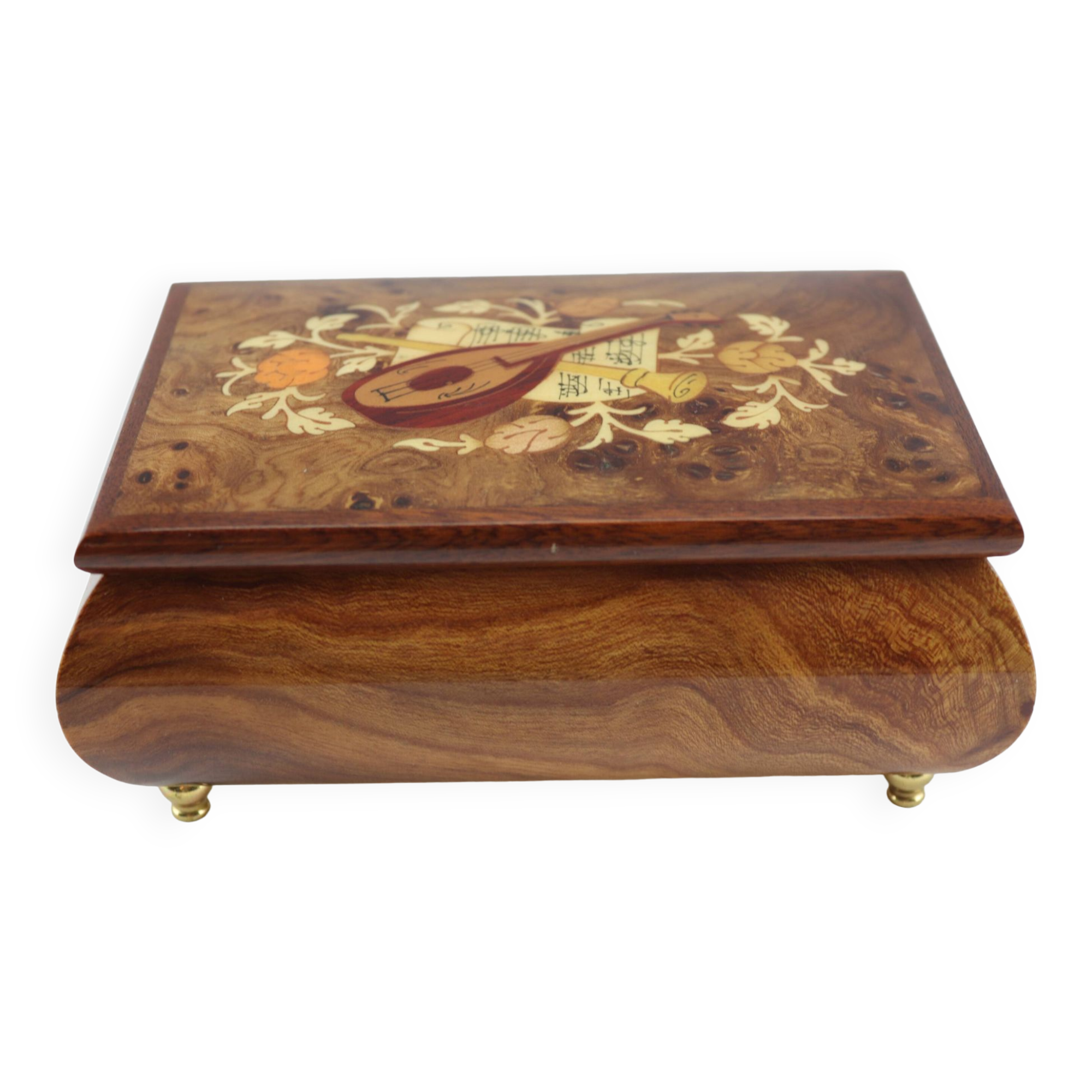 Vintage musical jewelry box in inlaid wood