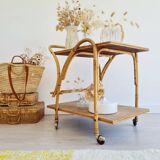 Antique rattan serving trolley with double shelves