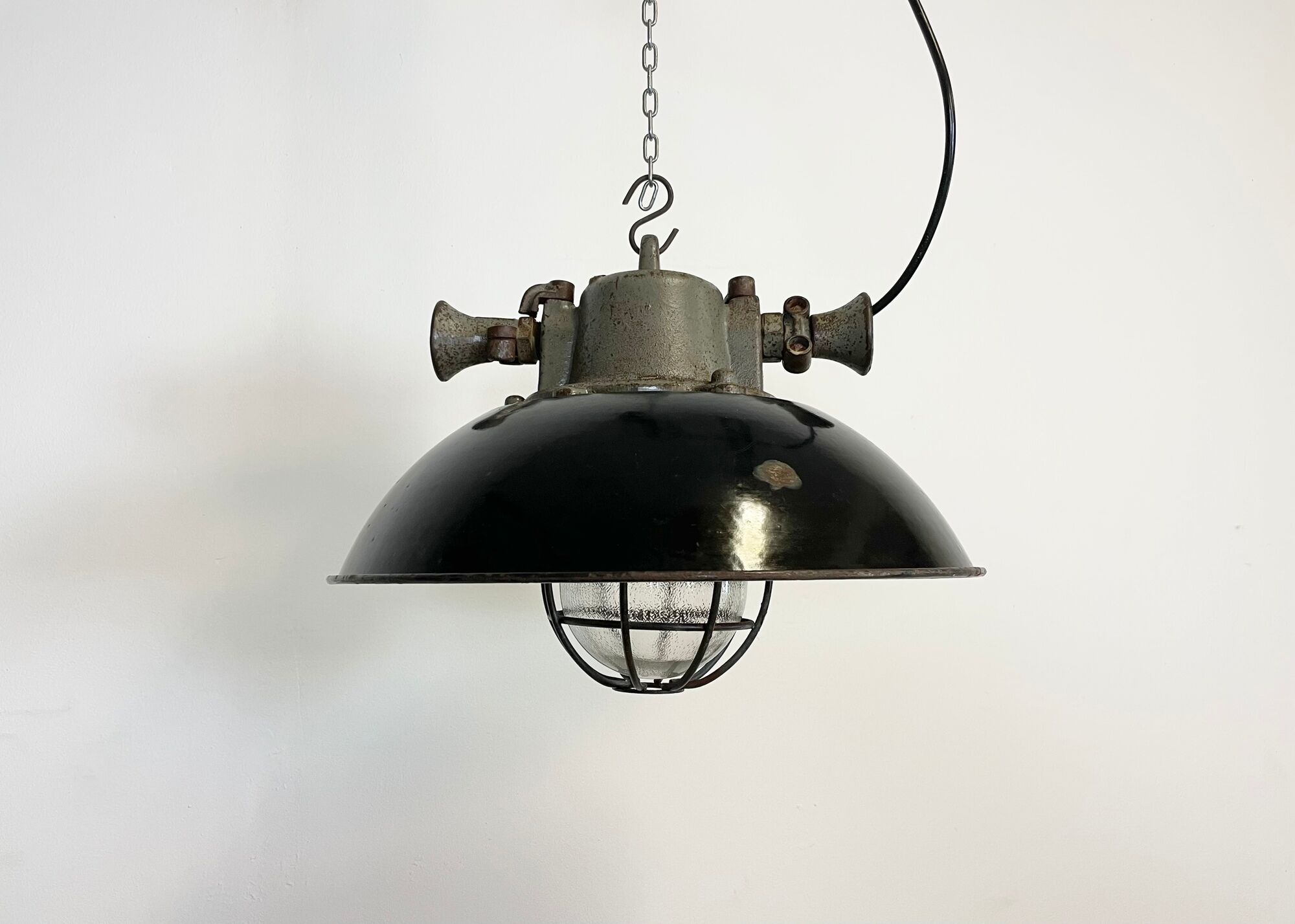 Black Enamel and Cast Iron Industrial Cage Pendant Light, 1950s