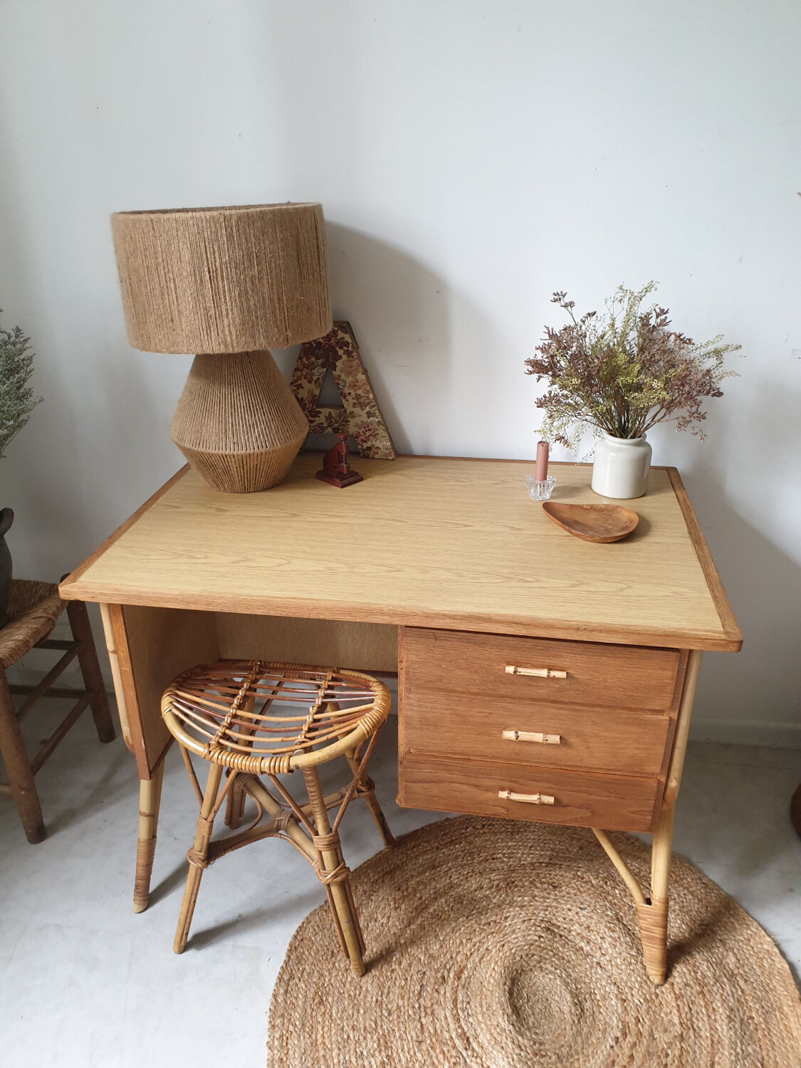 60's double-sided rattan desk