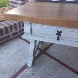 Patinated linen coffee table with raw top