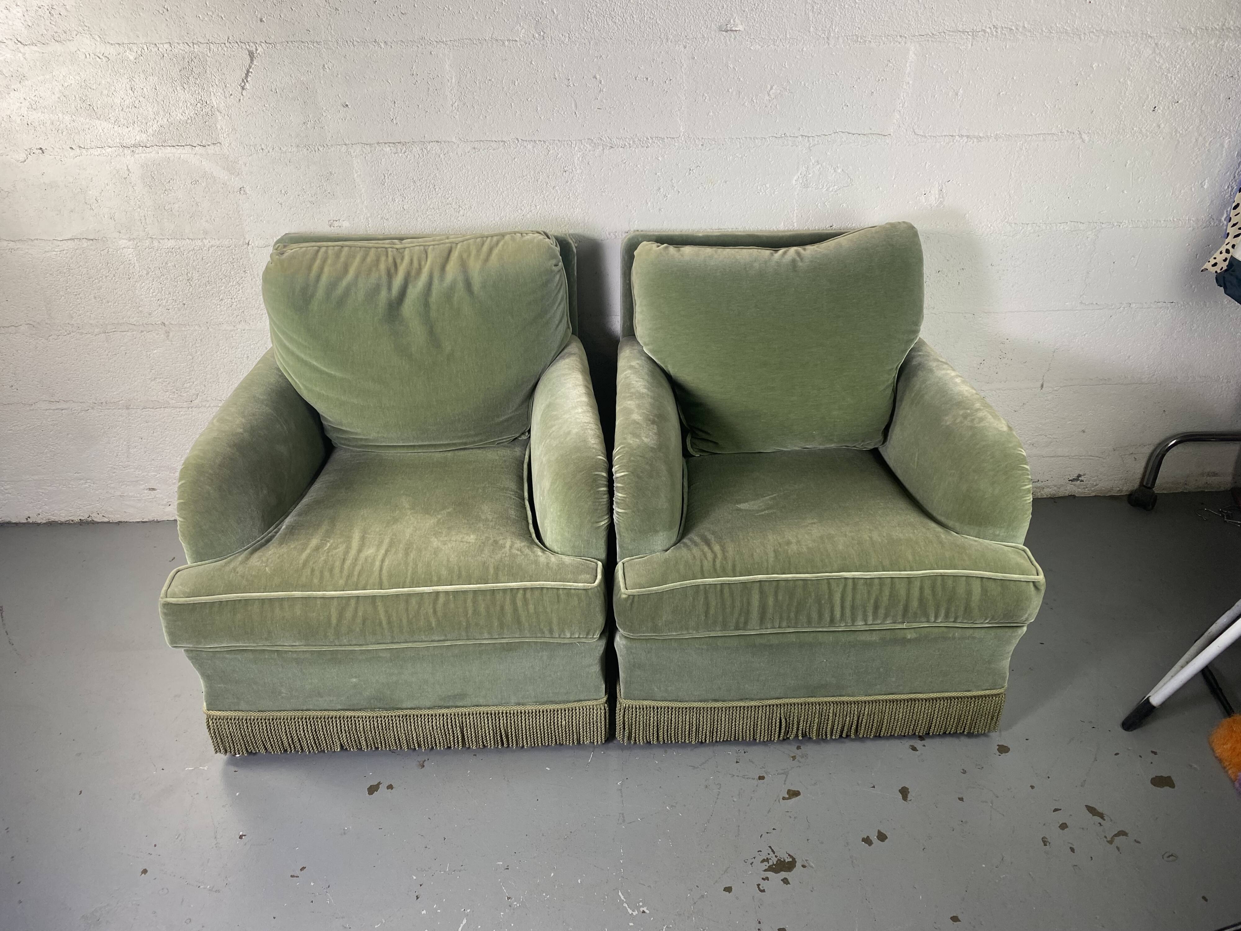 Pair of green velvet club armchairs