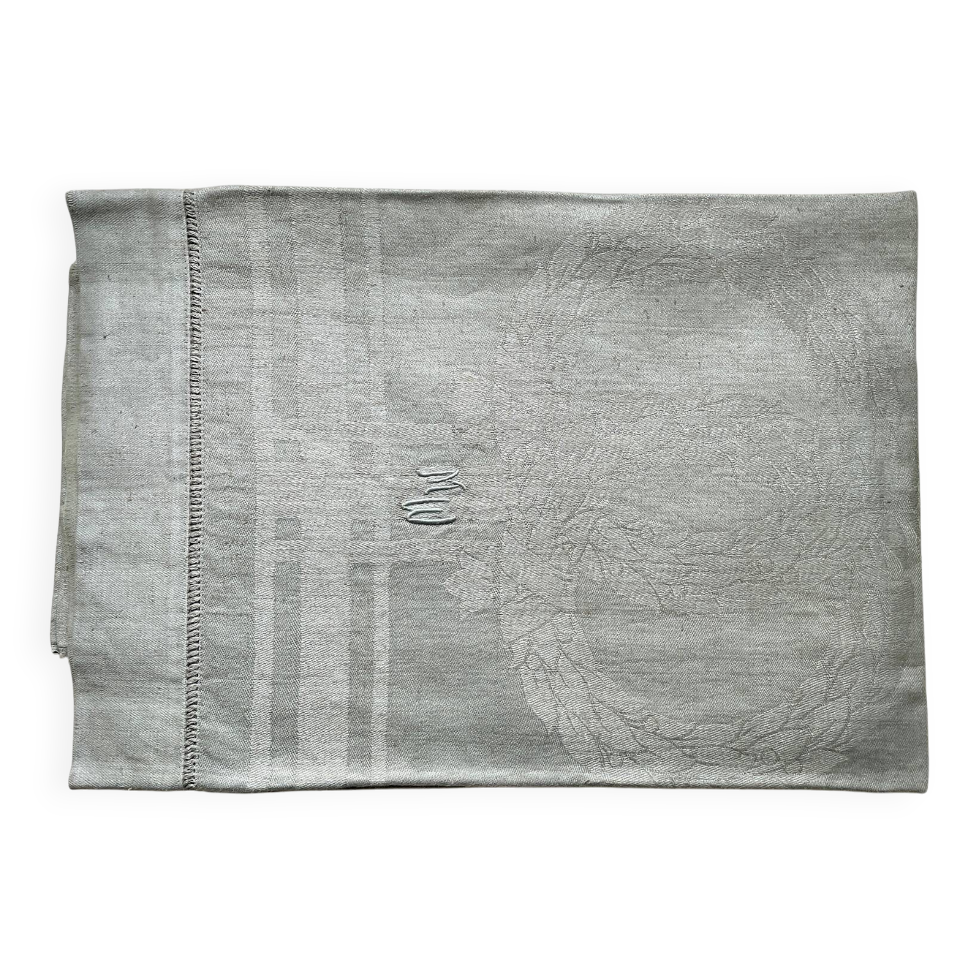 Old embroidered table centre Grey Green 55x111 cm