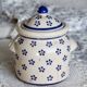 Vintage beige earthenware bonbonnière - Hand-painted blue floral decoration