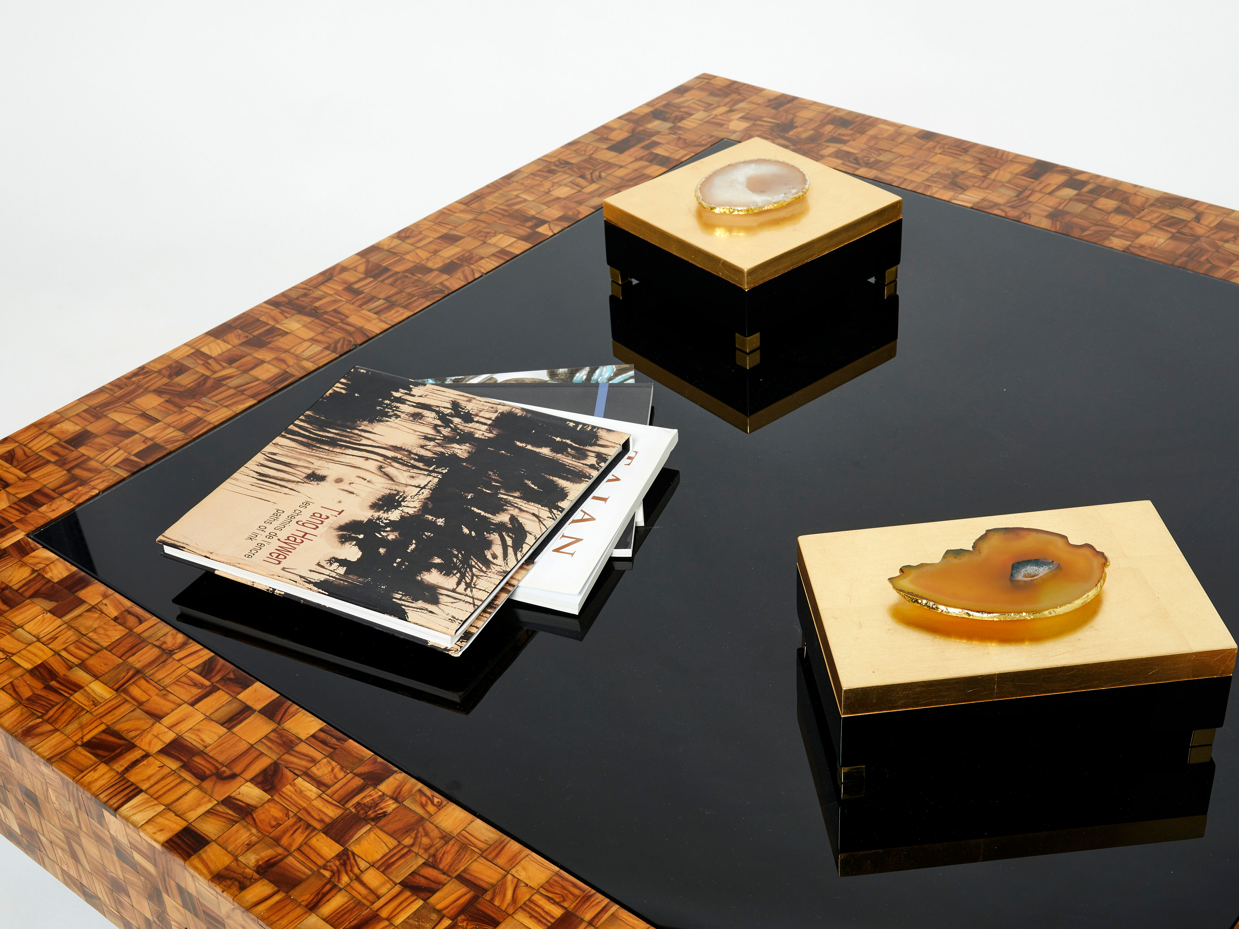 Table basse marqueterie de bois d’olivier par Sandro Petti 1970