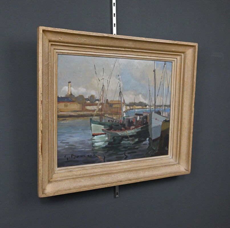 Painting "Thoniers at Dock", oil on panel, signed G. Boulard – Mid 20th century