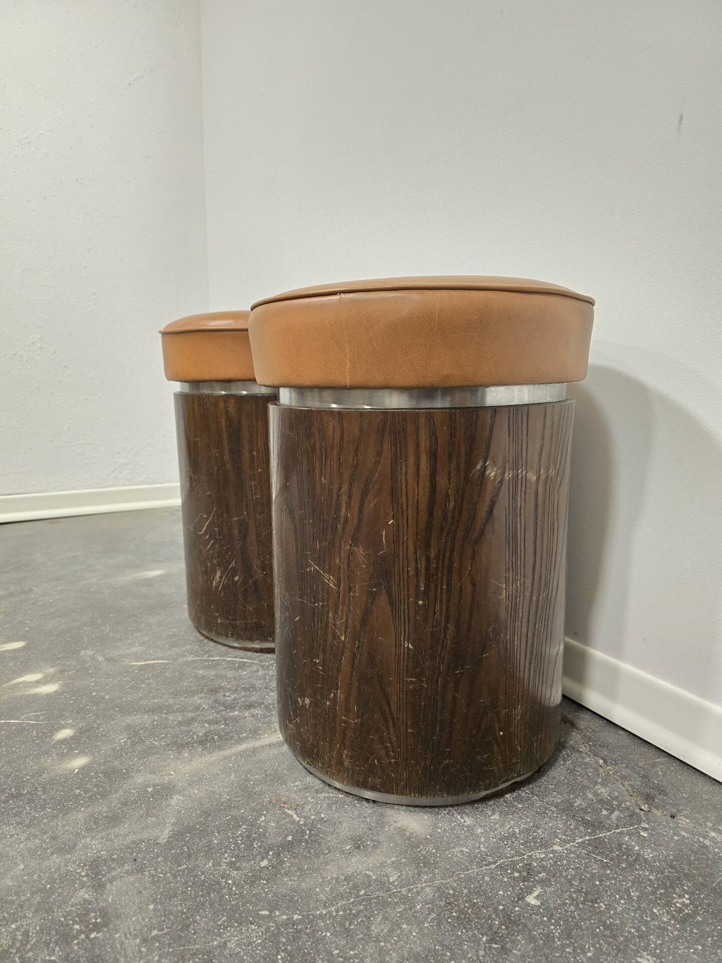 1970s Vintage Wooden Stool – Faux Leather Cushion & Aluminium Trim