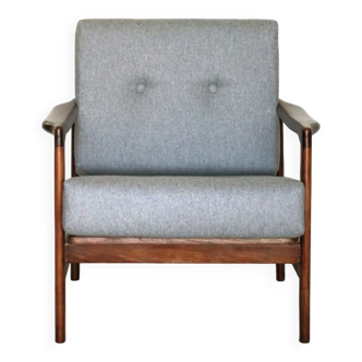 Fauteuil scandinave en bois design original de Z. Baczyk en 1965 chaise vintage en tissu de laine gris