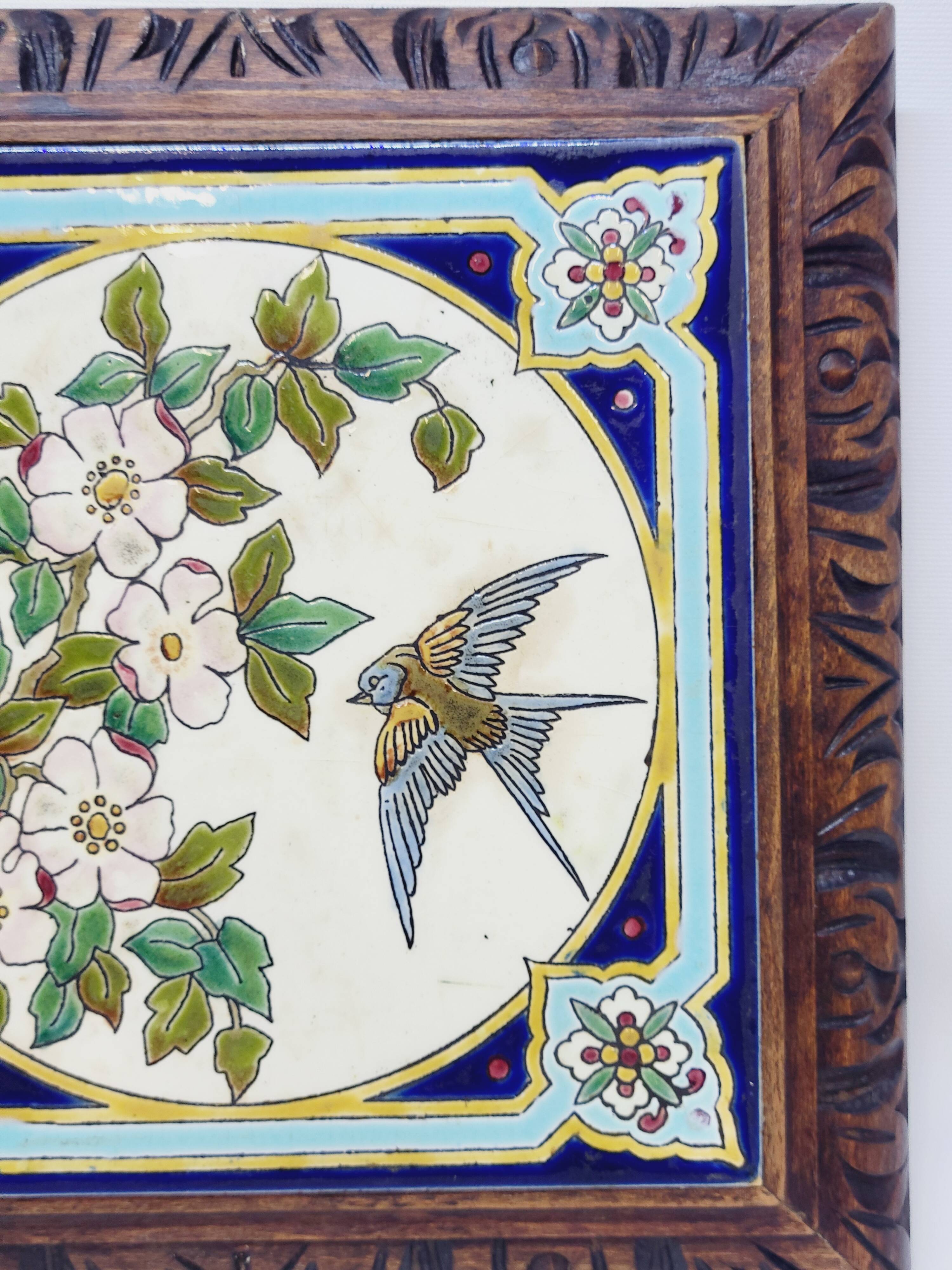 Longwy Trivet with Doorbell, Glazed Earthenware Tile and Wooden Frame