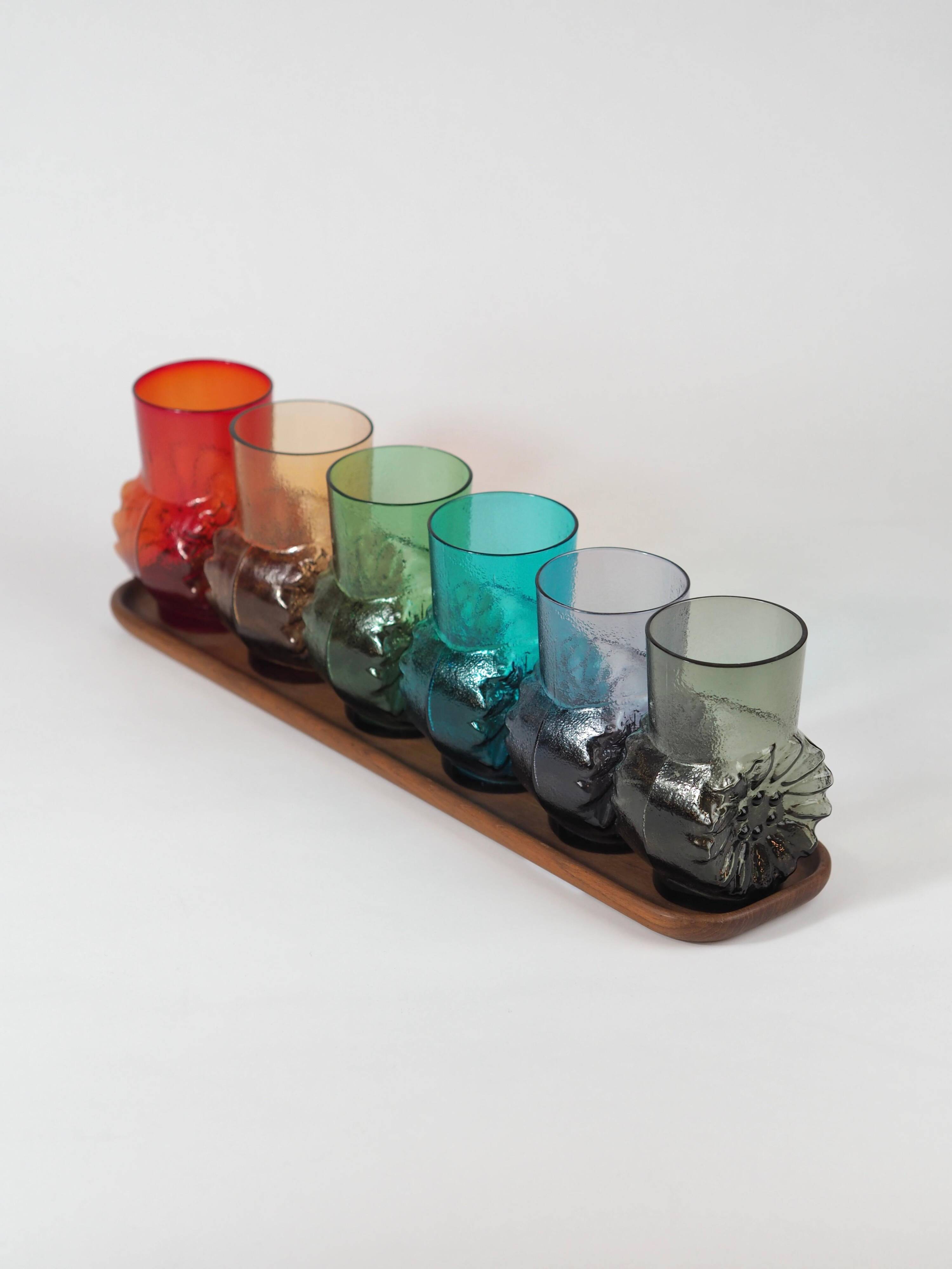 Mid-century rainbow glass set: 6 Finnish style glasses, by Kaj Franck & Lasi.