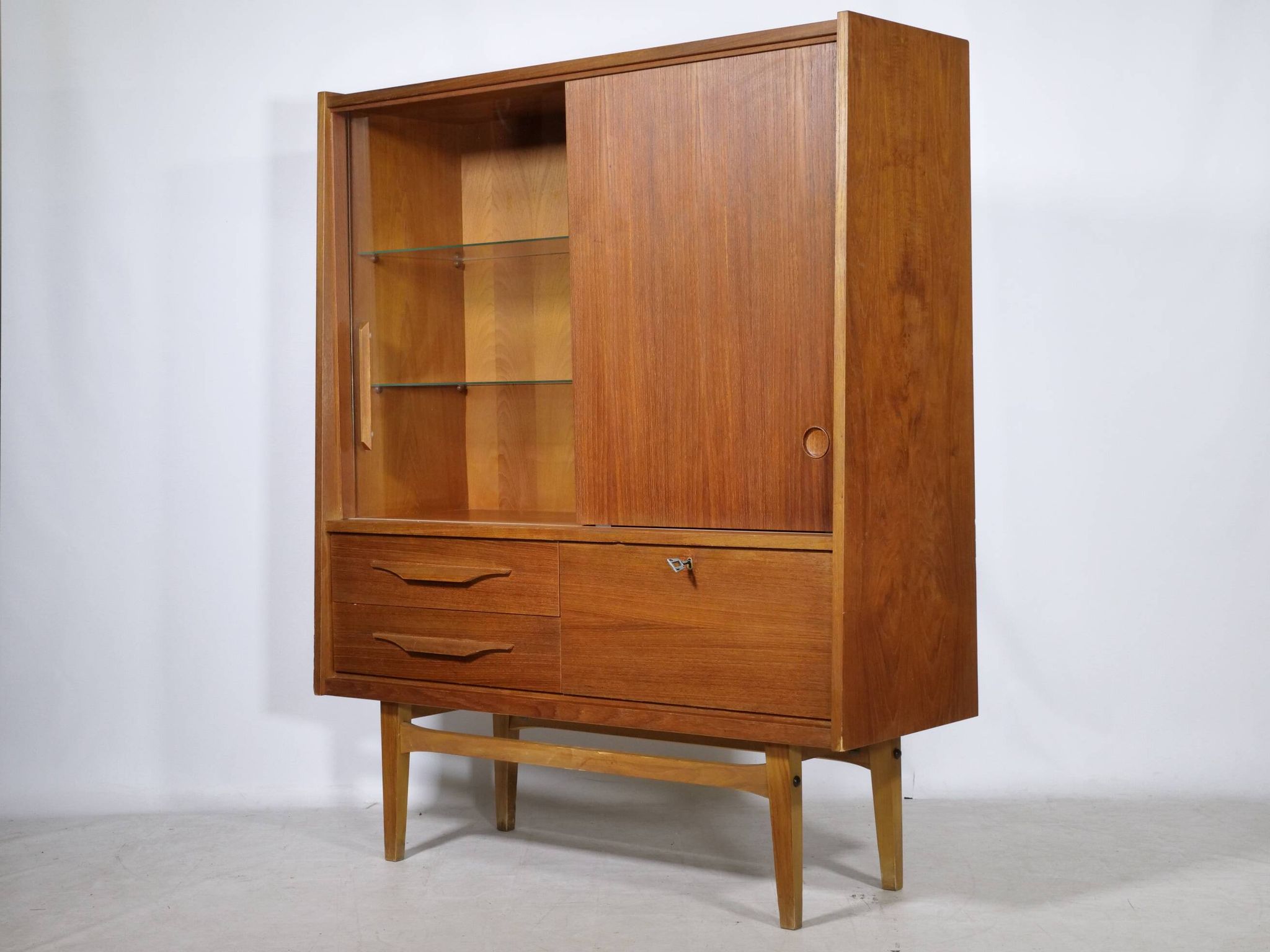 Mid Century Teak Highboard with Glass Display Cabinet & Sliding Door, 1960s