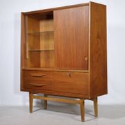 Mid Century Teak Highboard with Glass Display Cabinet & Sliding Door, 1960s