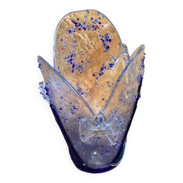 Vintage Blue & Transparent Layered Glass Inlaid Design Vase