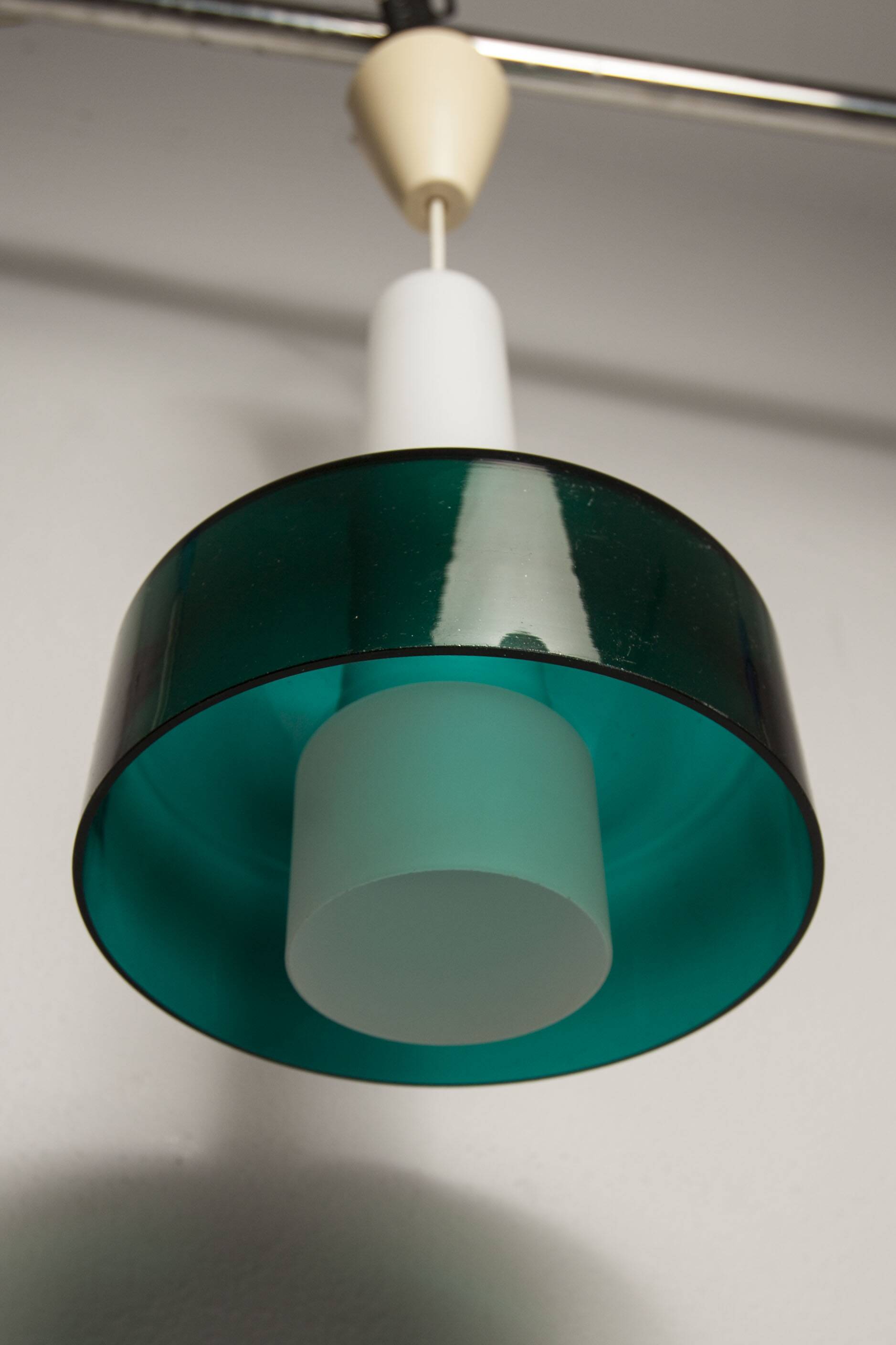Vintage suspension in 2 elements, white opaline and transparent glass.