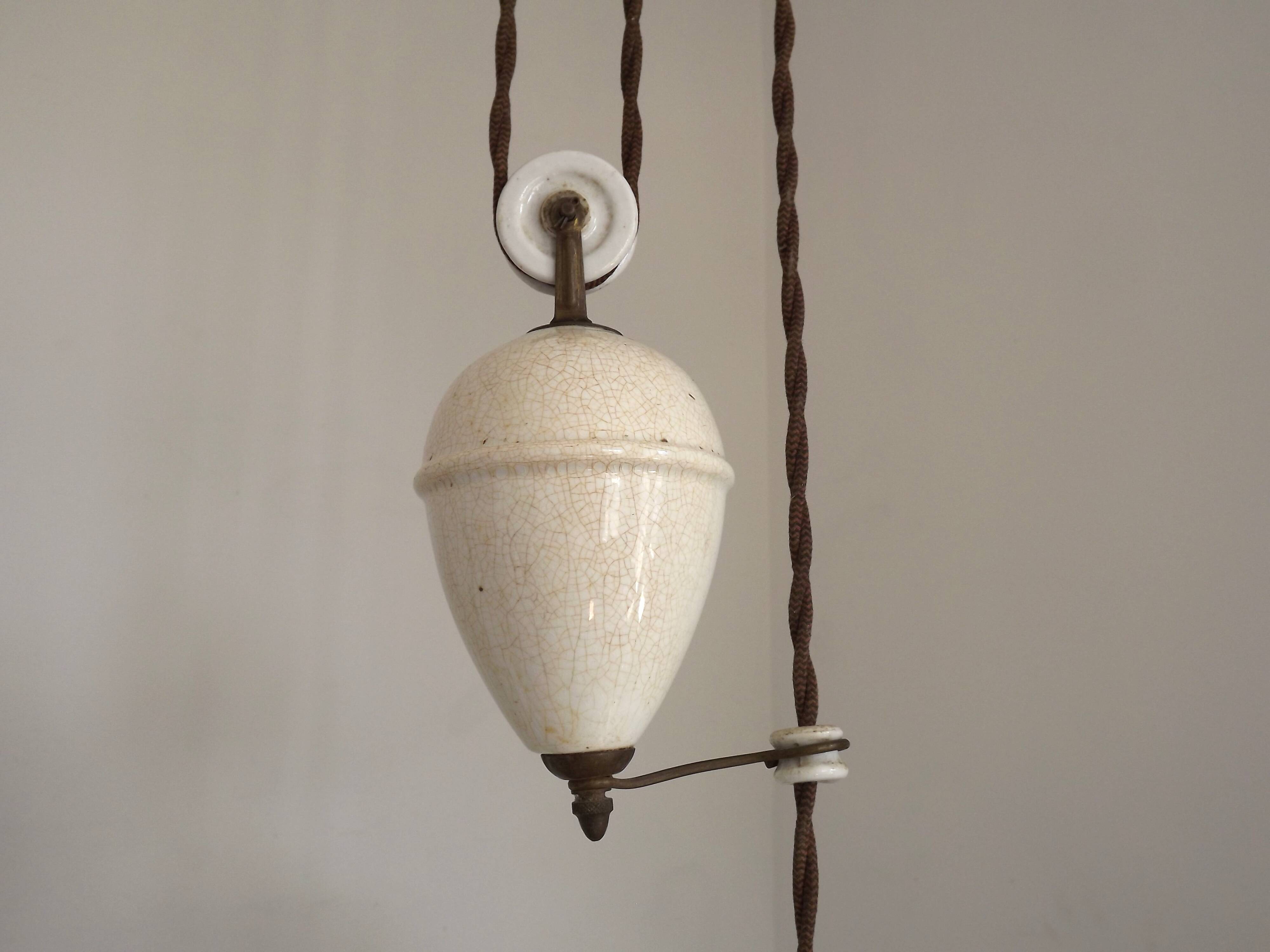 Vintage French Rise & Fall Counterbalance Ceiling Light Opaline Glass Shade