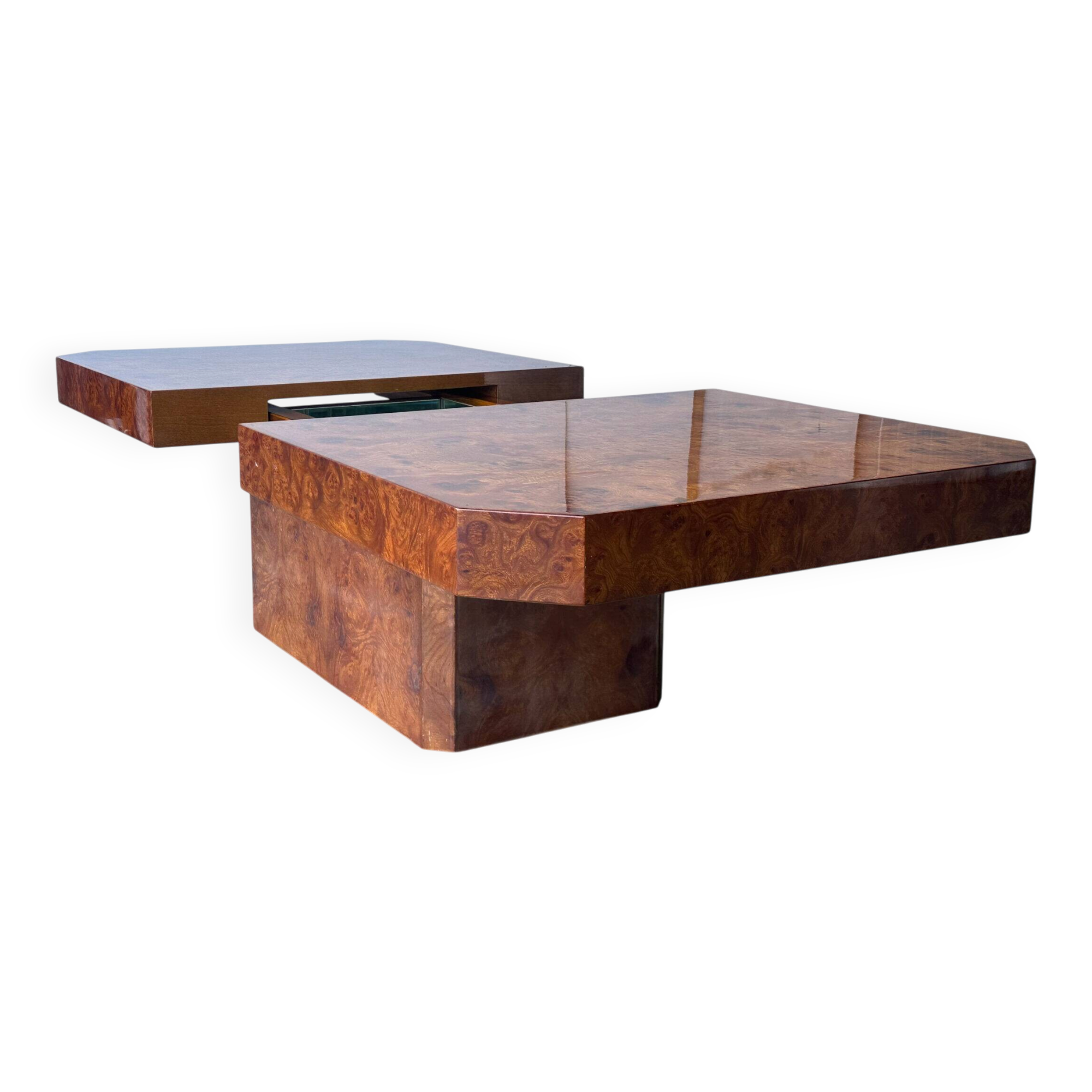 Table basse en bois de bouleau avec bar par Maison Lancel France années 1980