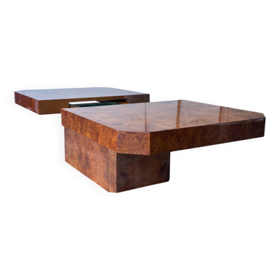 Table basse en bois de bouleau avec bar par Maison Lancel France années 1980