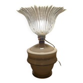 Table lamp with pink opaline base and large glass tulip shade.