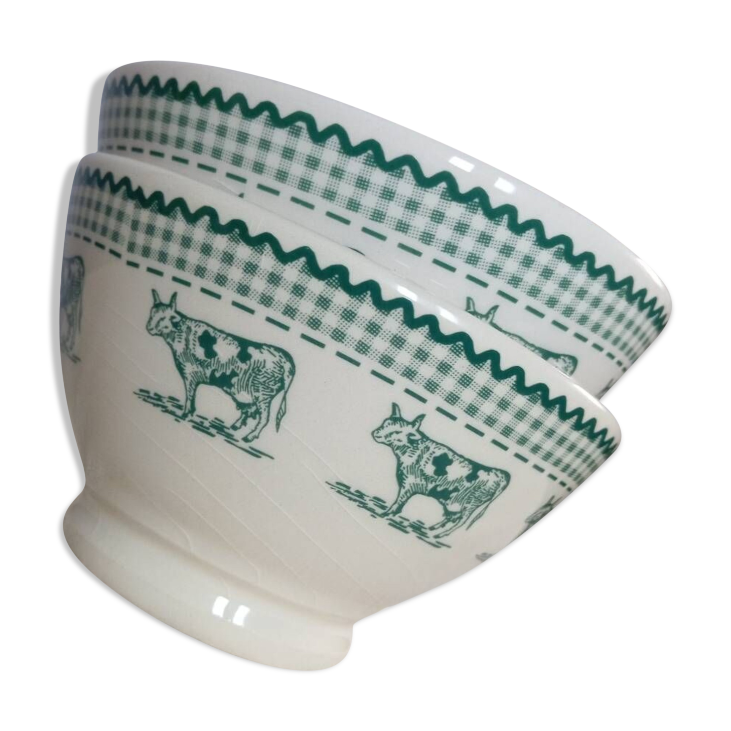 Duo of “daisy” cow decor bowls by Geneviève Lethu, 1996