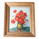 Bouquet of Red Flowers Still Life Signed Canvas Gold Frame 54 x 62 cm