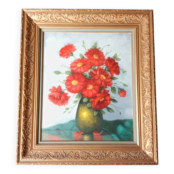 Bouquet of Red Flowers Still Life Canvas signed Golden Frame 54 x 62 cm