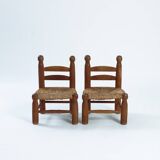Low fireplace chairs, French, wood and straw set of 2