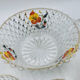 Vintage glass fruit salad serving set with a pansy design.