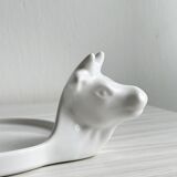 White porcelain cheese dish with handle and cow's head