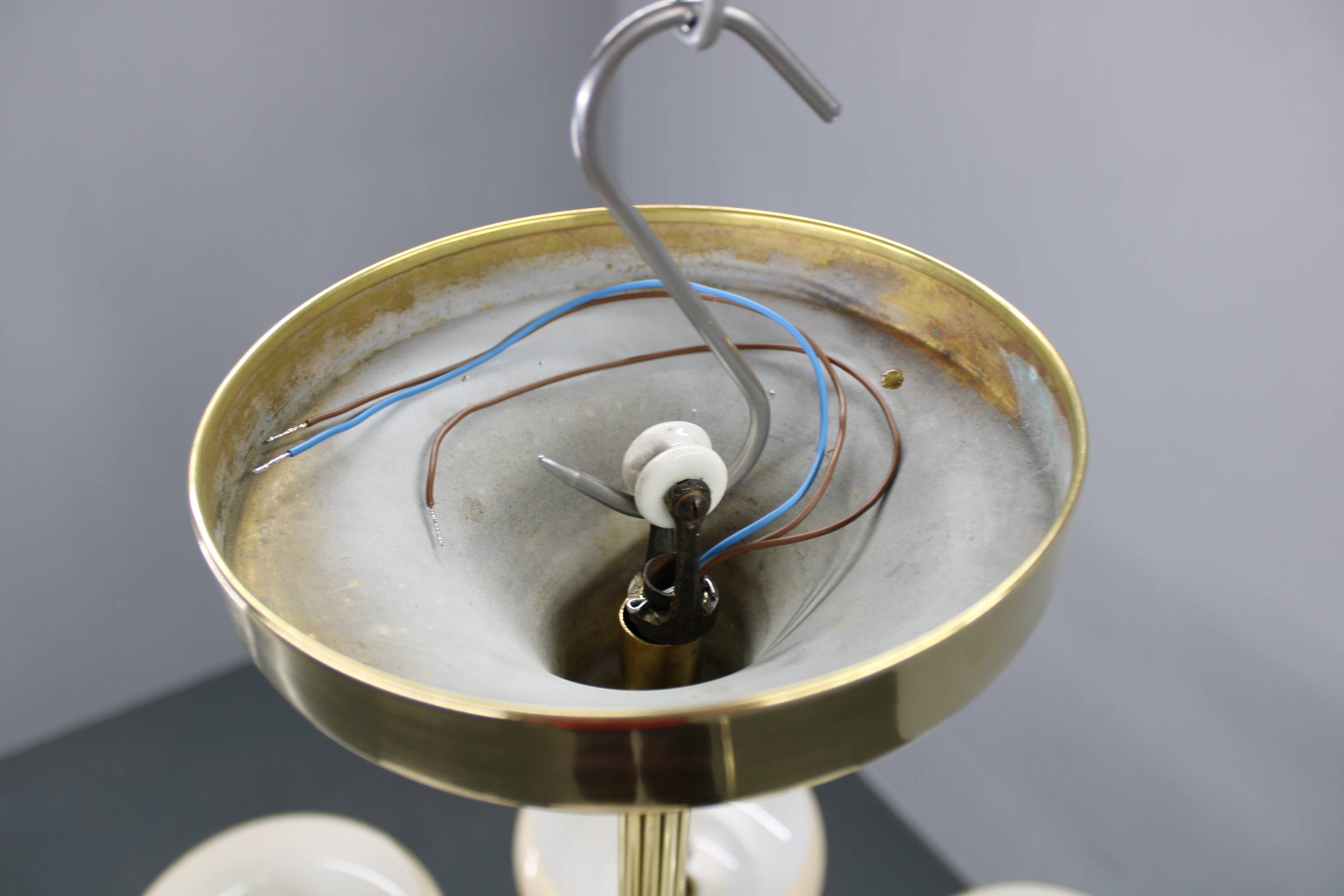 Art Deco brass chandelier with opaline glass, Czechoslovakia, 1930s