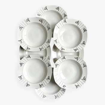 8 assiettes creuses en porcelaine blanche et argentée, service "Casablanca"